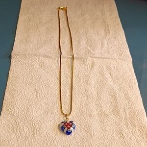 Gold Necklace with Blue and Red Heart Pendant